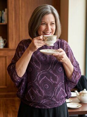 Angela Mara Aubergine Sheer 3/4 Sleeve Blouse